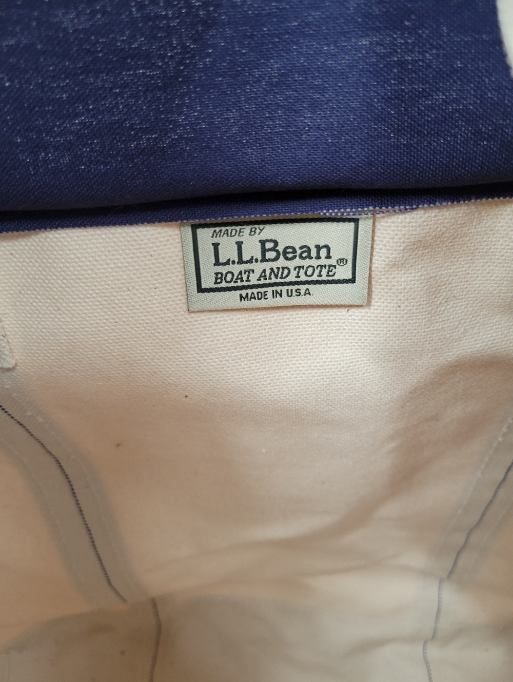 Vtg L.L. Bean Boat and Tote Lrg Beige Navy Blue Double Handles Canvas Tote Bag - Picture 2 of 6